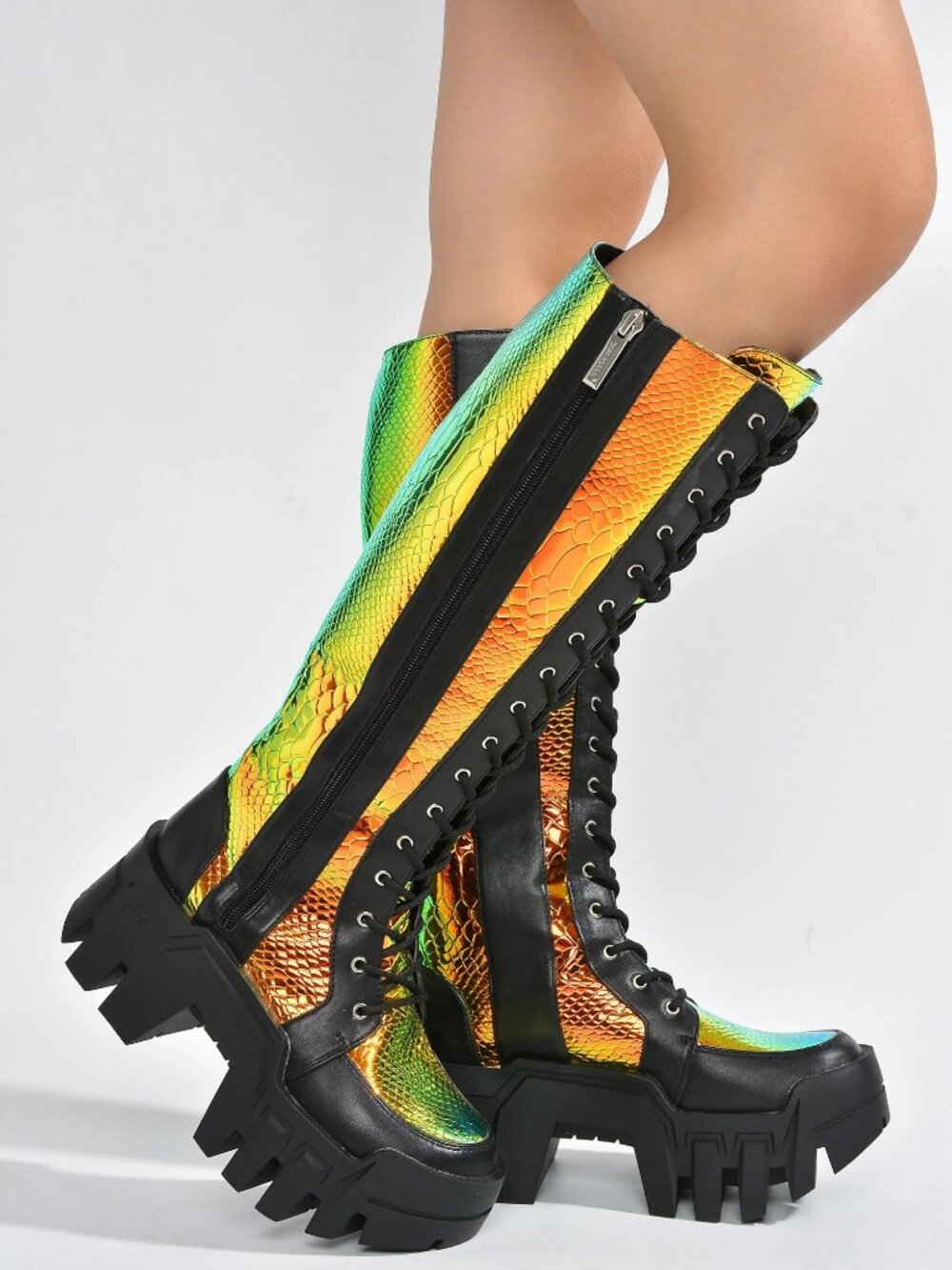 New Iridescent Lace-Up Knee High Moto Combat Boots Lug Sole Platform Block Heel - Picture 3 of 4